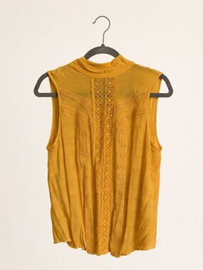 Mustard Yellow Tie-Neck Crochet Lace Detail Blouse